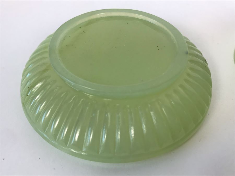 Chinese Carved Green Translucent Stone Round Box With Dragon Serpent Lid With Original Box 4R X 2.25H [Photo 16]