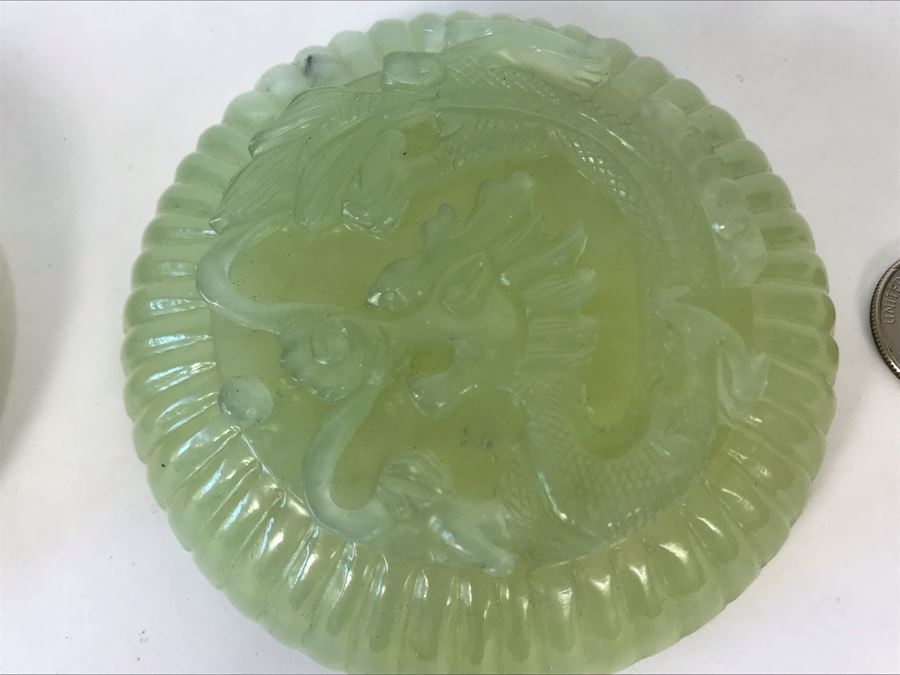 Chinese Carved Green Translucent Stone Round Box With Dragon Serpent Lid With Original Box 4R X 2.25H [Photo 18]