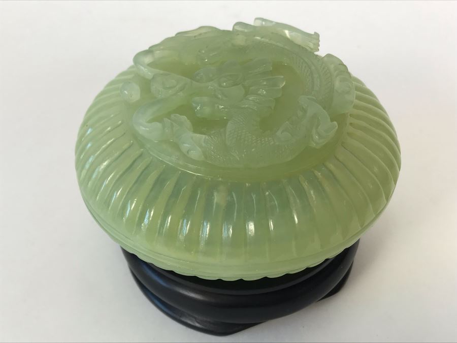 Chinese Carved Green Translucent Stone Round Box With Dragon Serpent Lid With Original Box 4R X 2.25H [Photo 25]