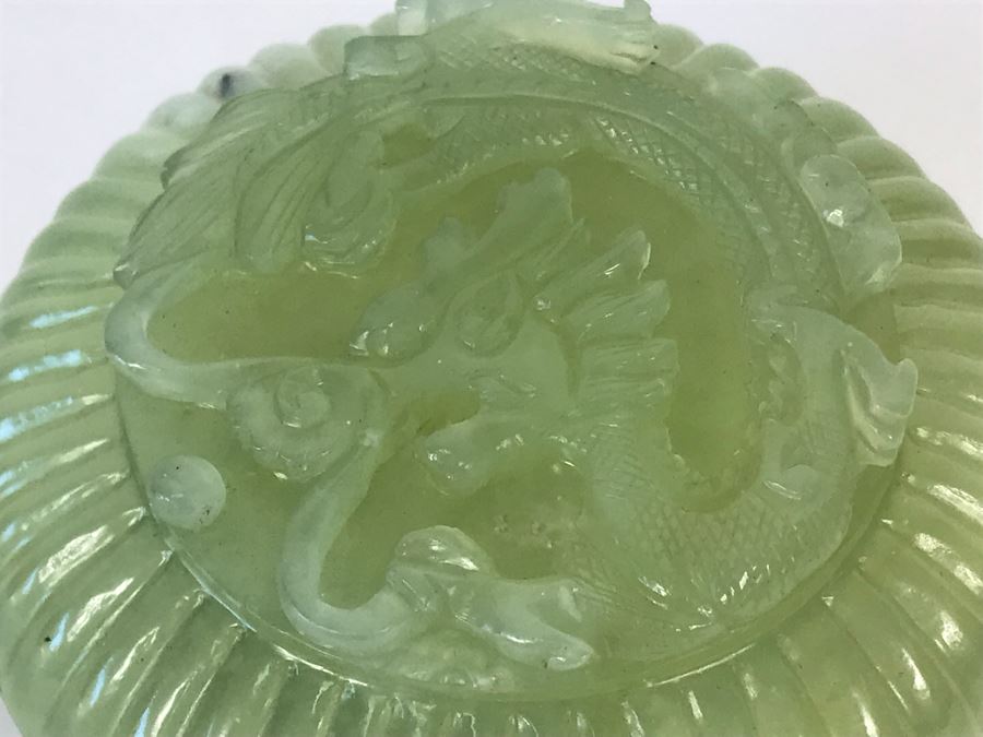Chinese Carved Green Translucent Stone Round Box With Dragon Serpent Lid With Original Box 4R X 2.25H [Photo 12]