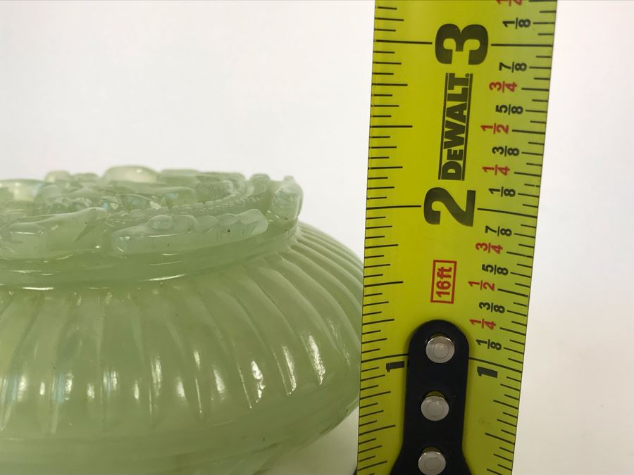 Chinese Carved Green Translucent Stone Round Box With Dragon Serpent Lid With Original Box 4R X 2.25H [Photo 37]