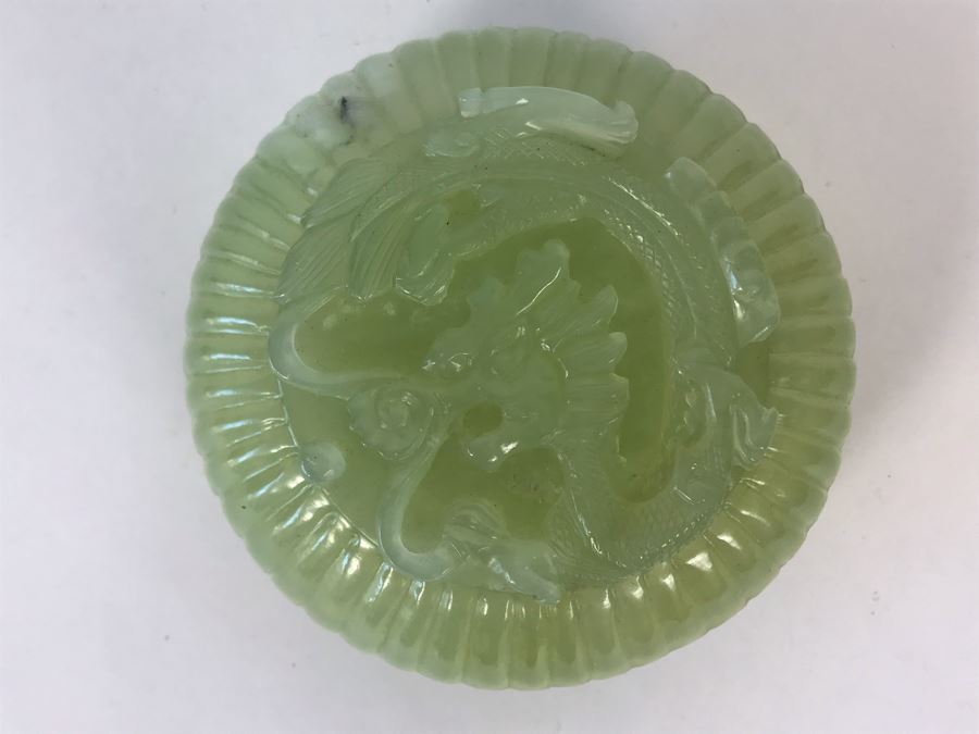Chinese Carved Green Translucent Stone Round Box With Dragon Serpent Lid With Original Box 4R X 2.25H [Photo 7]