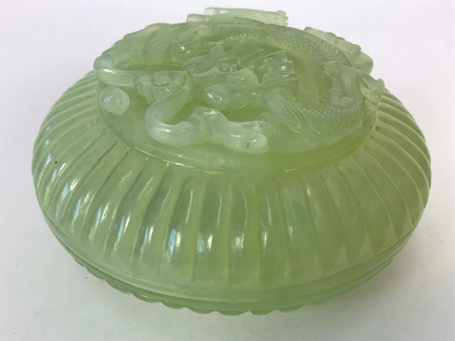 Chinese Carved Green Translucent Stone Round Box With Dragon Serpent Lid With Original Box 4R X 2.25H [Photo 1]