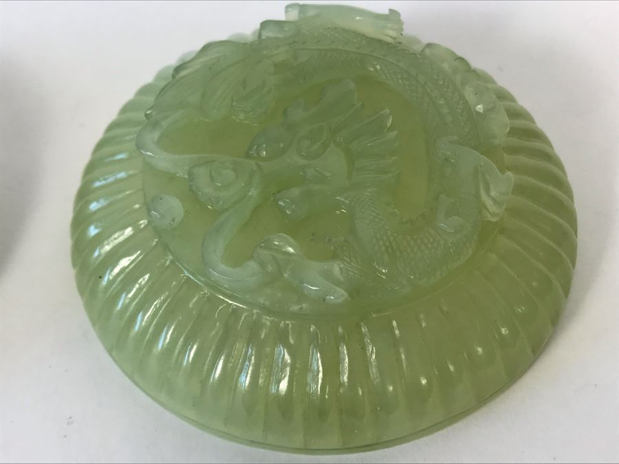Chinese Carved Green Translucent Stone Round Box With Dragon Serpent Lid With Original Box 4R X 2.25H [Photo 20]