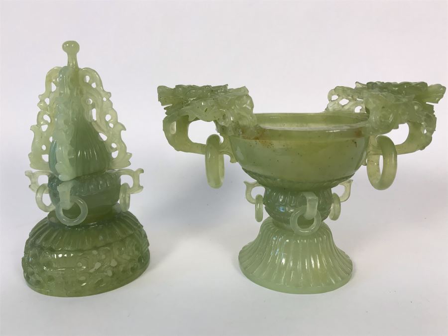 Vintage Chinese Carved Green Translucent Stone Incense Burner With Dragon Handles 6.5W X 4D X 9H [Photo 21]