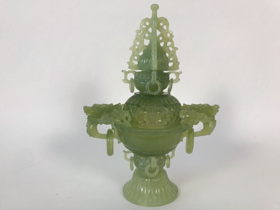 Vintage Chinese Carved Green Translucent Stone Incense Burner With Dragon Handles 6.5W X 4D X 9H [Photo 4]
