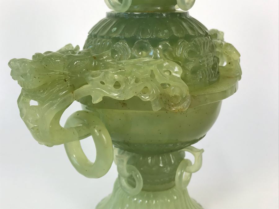 Vintage Chinese Carved Green Translucent Stone Incense Burner With Dragon Handles 6.5W X 4D X 9H [Photo 17]