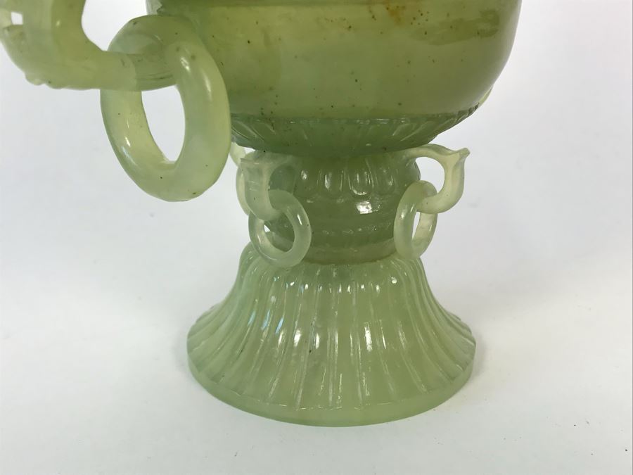 Vintage Chinese Carved Green Translucent Stone Incense Burner With Dragon Handles 6.5W X 4D X 9H [Photo 18]
