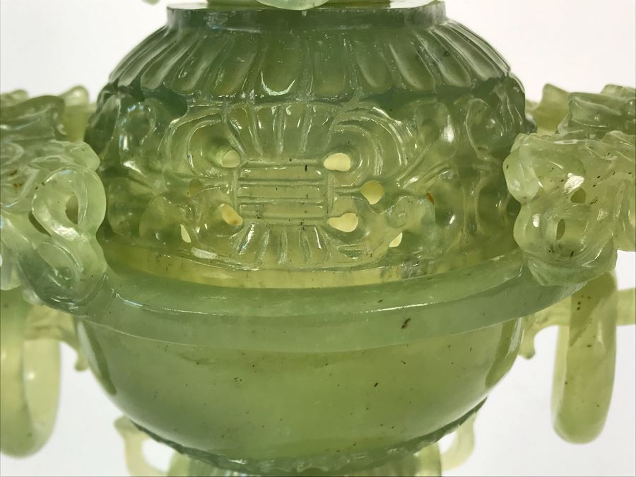 Vintage Chinese Carved Green Translucent Stone Incense Burner With Dragon Handles 6.5W X 4D X 9H [Photo 10]