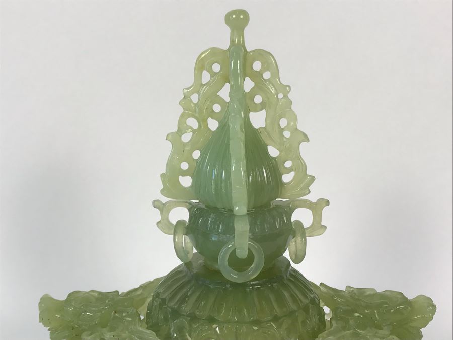 Vintage Chinese Carved Green Translucent Stone Incense Burner With Dragon Handles 6.5W X 4D X 9H [Photo 20]