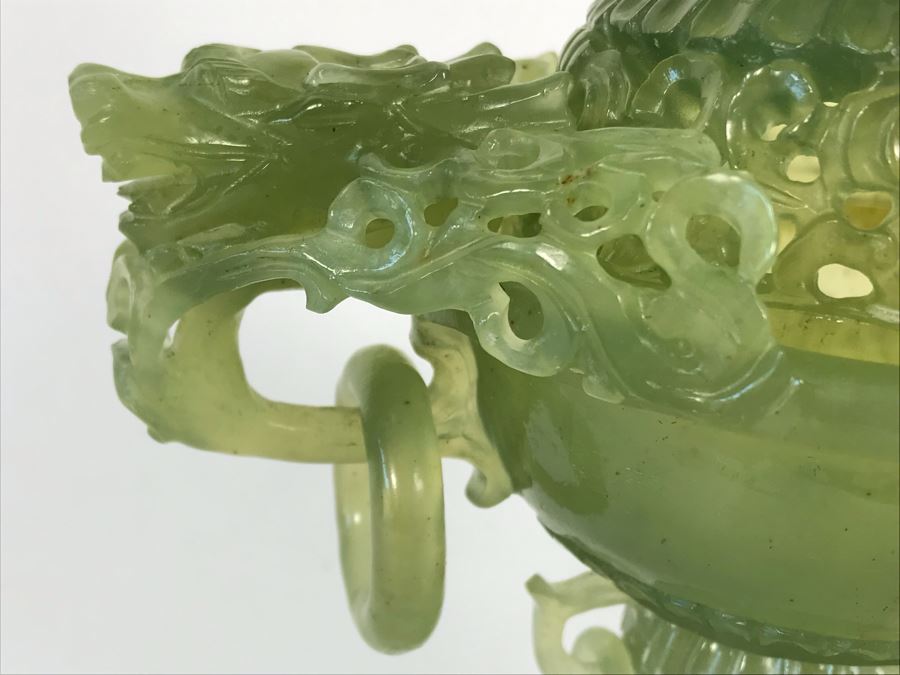 Vintage Chinese Carved Green Translucent Stone Incense Burner With Dragon Handles 6.5W X 4D X 9H [Photo 7]