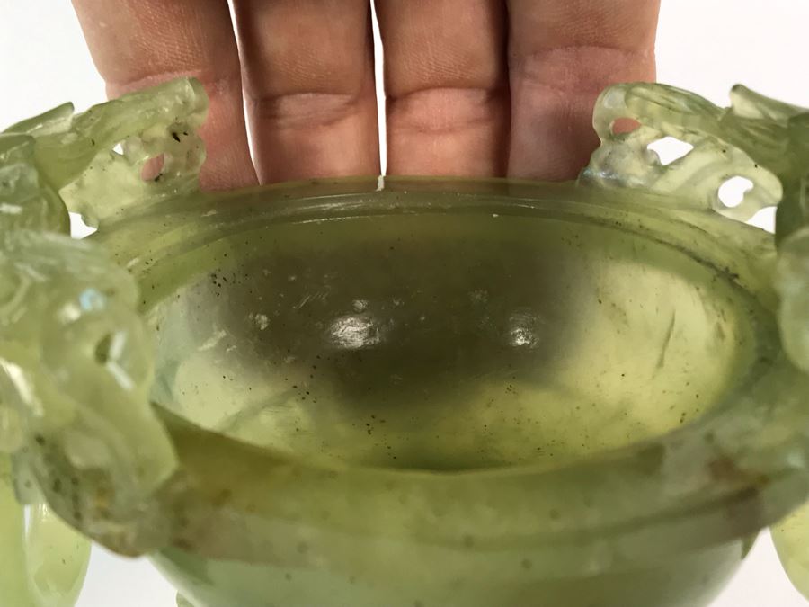 Vintage Chinese Carved Green Translucent Stone Incense Burner With Dragon Handles 6.5W X 4D X 9H [Photo 2]