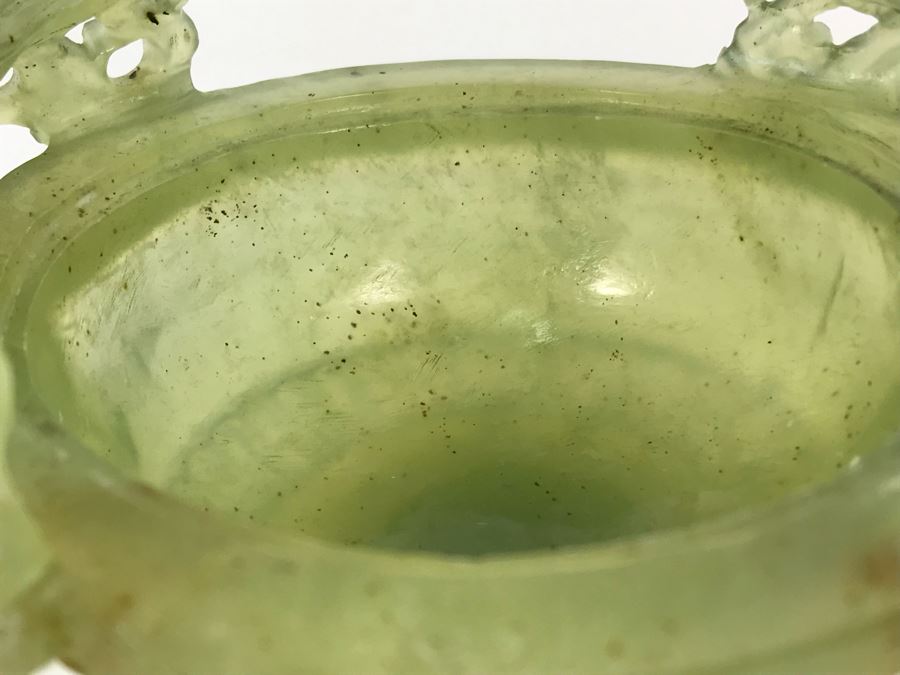 Vintage Chinese Carved Green Translucent Stone Incense Burner With Dragon Handles 6.5W X 4D X 9H [Photo 25]