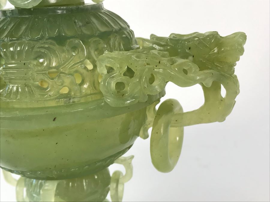 Vintage Chinese Carved Green Translucent Stone Incense Burner With Dragon Handles 6.5W X 4D X 9H [Photo 9]
