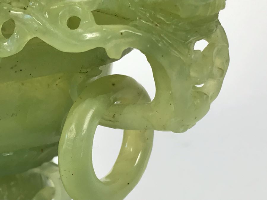Vintage Chinese Carved Green Translucent Stone Incense Burner With Dragon Handles 6.5W X 4D X 9H [Photo 30]
