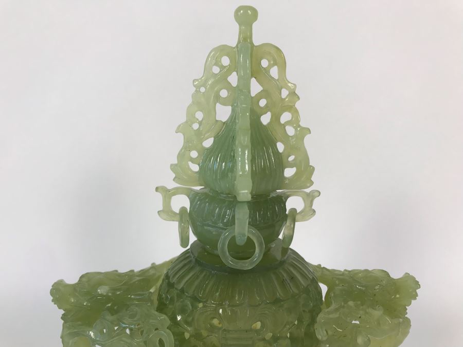 Vintage Chinese Carved Green Translucent Stone Incense Burner With Dragon Handles 6.5W X 4D X 9H [Photo 6]
