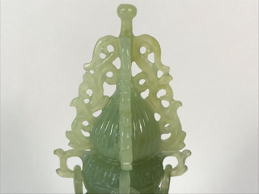 Vintage Chinese Carved Green Translucent Stone Incense Burner With Dragon Handles 6.5W X 4D X 9H [Photo 11]