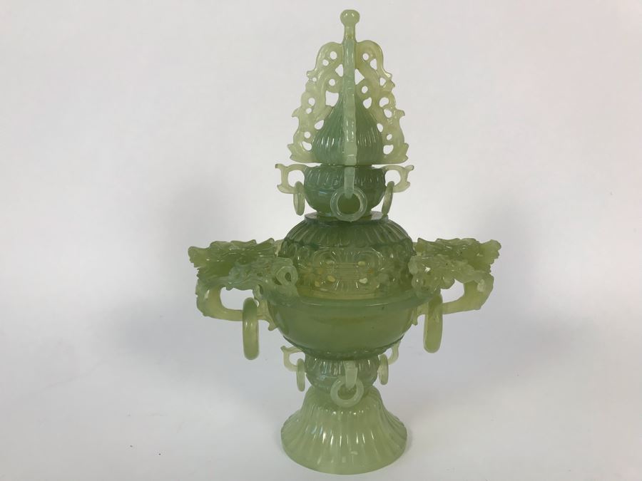 Vintage Chinese Carved Green Translucent Stone Incense Burner With Dragon Handles 6.5W X 4D X 9H [Photo 1]
