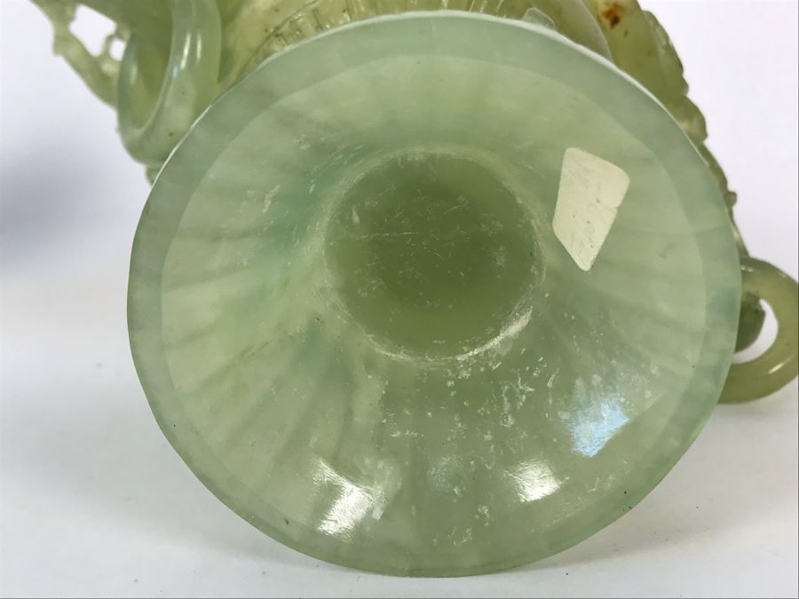 Vintage Chinese Carved Green Translucent Stone Incense Burner With Dragon Handles 6.5W X 4D X 9H [Photo 27]