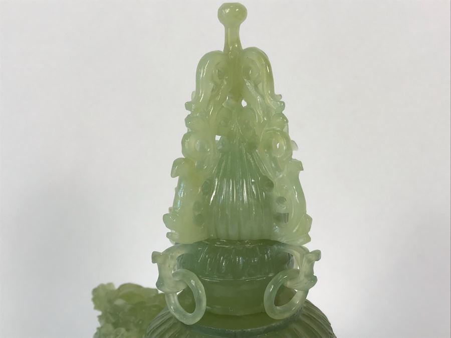 Vintage Chinese Carved Green Translucent Stone Incense Burner With Dragon Handles 6.5W X 4D X 9H [Photo 15]
