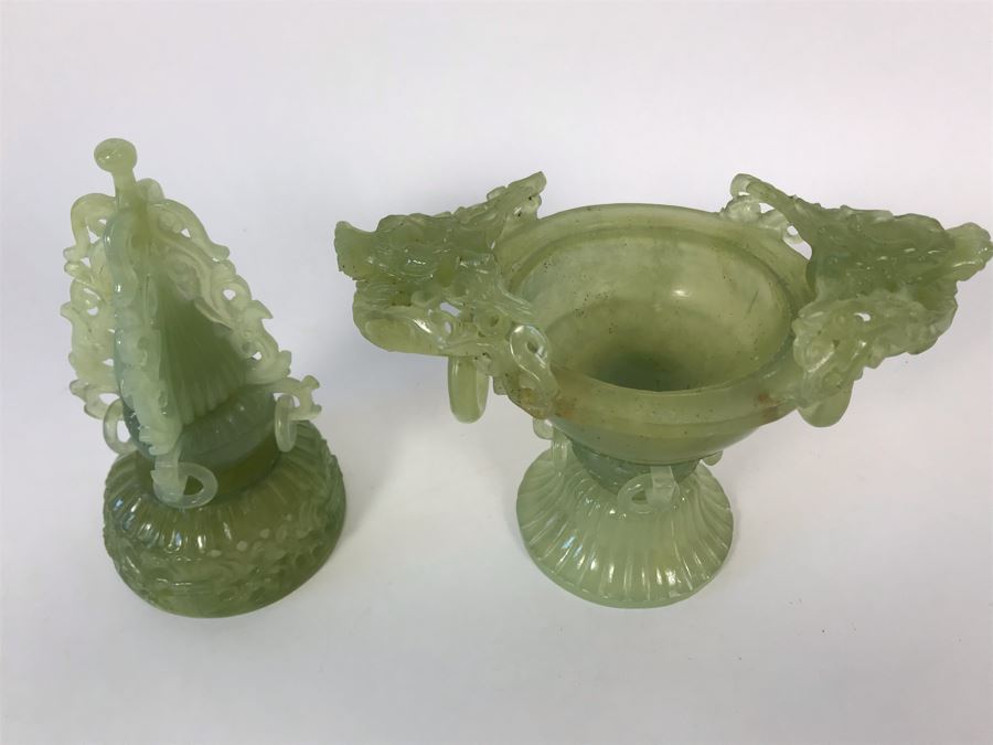 Vintage Chinese Carved Green Translucent Stone Incense Burner With Dragon Handles 6.5W X 4D X 9H [Photo 22]
