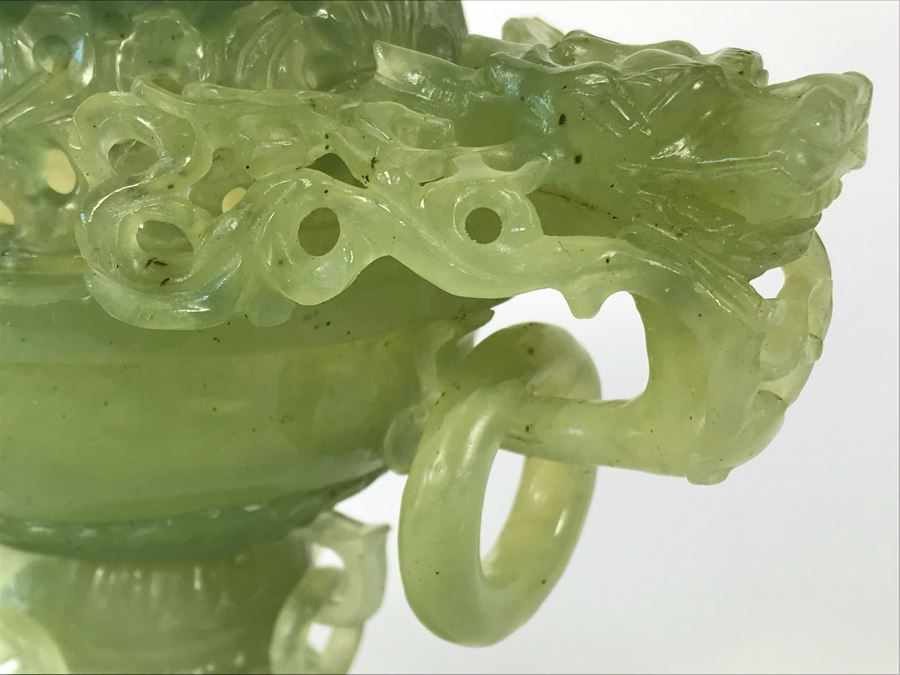Vintage Chinese Carved Green Translucent Stone Incense Burner With