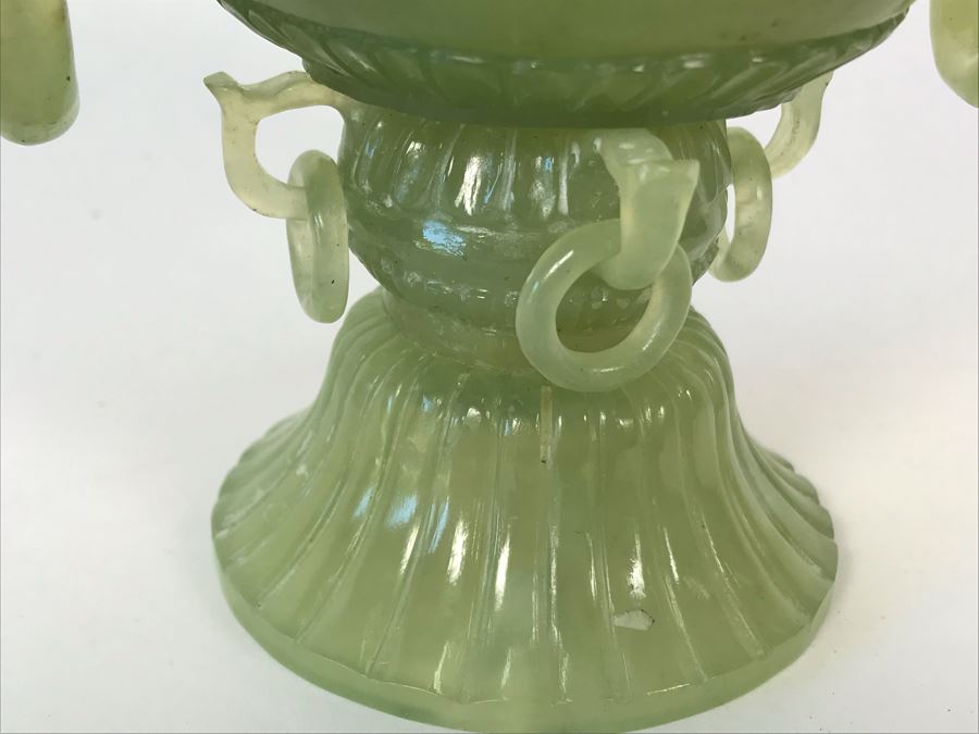 Vintage Chinese Carved Green Translucent Stone Incense Burner With Dragon Handles 6.5W X 4D X 9H [Photo 8]
