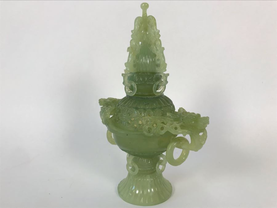 Vintage Chinese Carved Green Translucent Stone Incense Burner With Dragon Handles 6.5W X 4D X 9H [Photo 12]