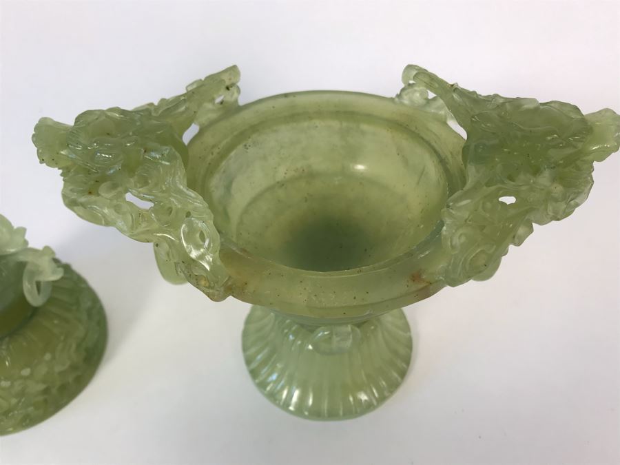 Vintage Chinese Carved Green Translucent Stone Incense Burner With Dragon Handles 6.5W X 4D X 9H [Photo 23]