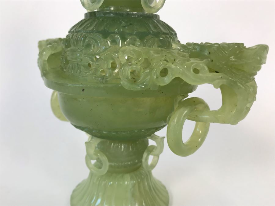 Vintage Chinese Carved Green Translucent Stone Incense Burner With Dragon Handles 6.5W X 4D X 9H [Photo 13]