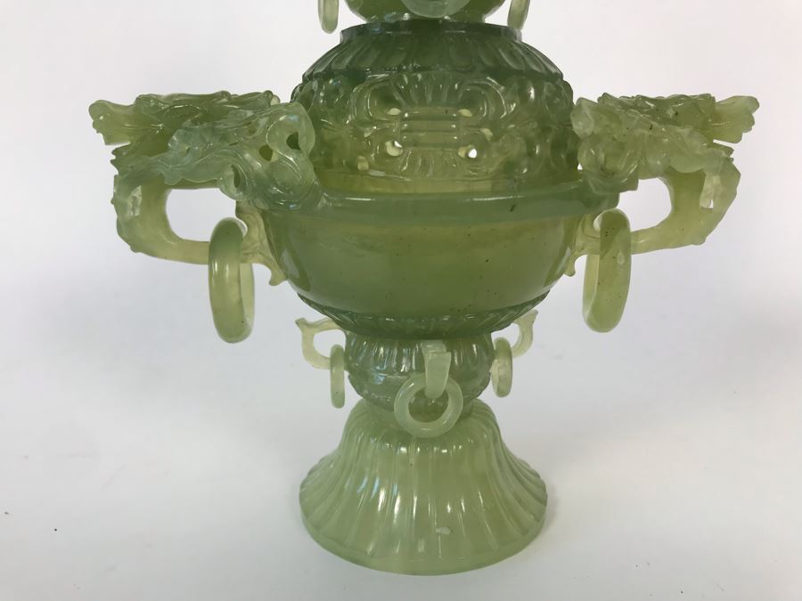 Vintage Chinese Carved Green Translucent Stone Incense Burner With