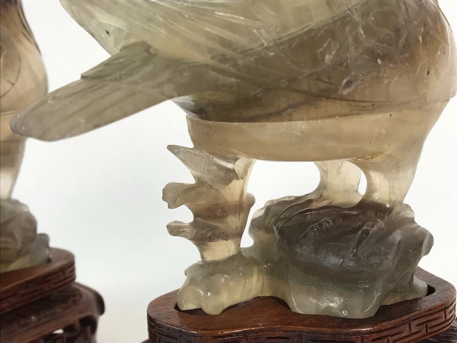 Pair Of Vintage Chinese Carved Stone Bird Figurines Boxes (Some Damage) With Wooden Stands Each 5W X 2D X 4H [Photo 21]