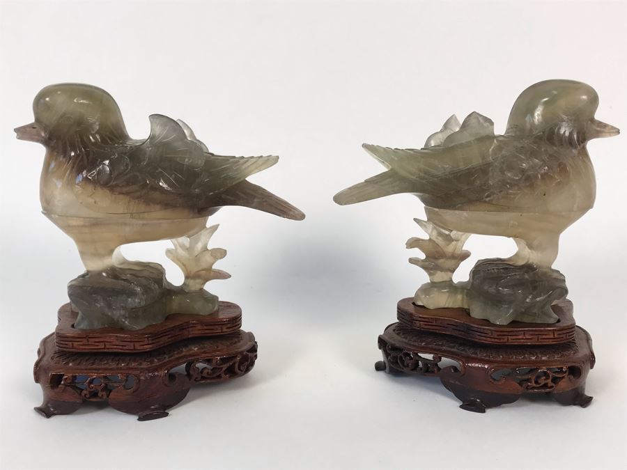Pair Of Vintage Chinese Carved Stone Bird Figurines Boxes (Some Damage) With Wooden Stands Each 5W X 2D X 4H [Photo 34]