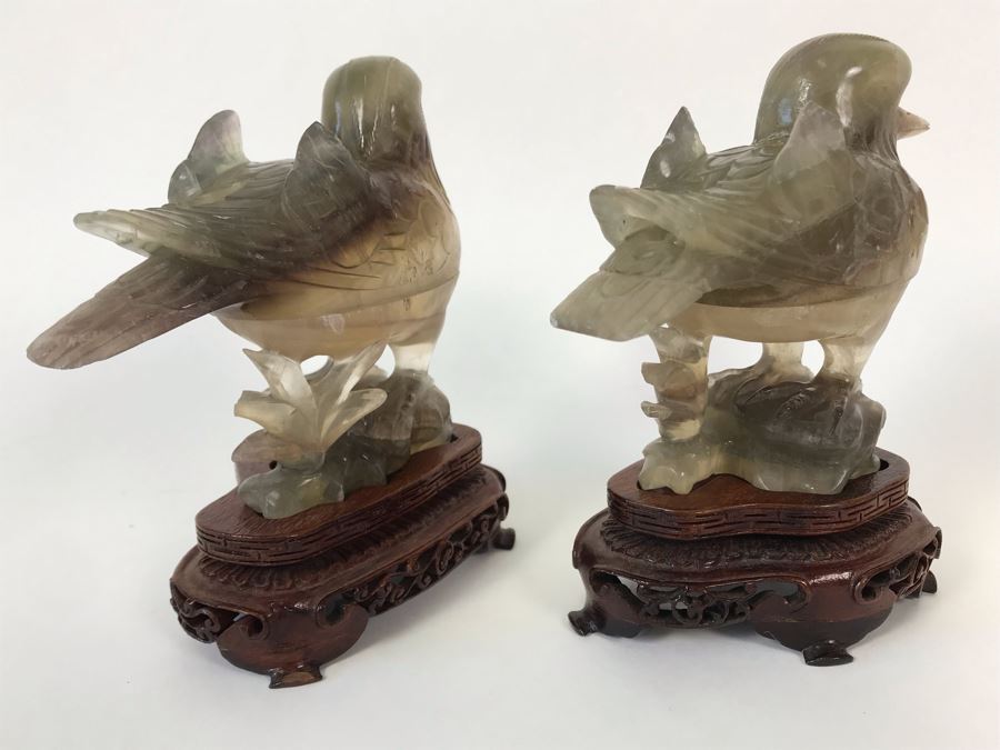 Pair Of Vintage Chinese Carved Stone Bird Figurines Boxes (Some Damage) With Wooden Stands Each 5W X 2D X 4H [Photo 19]