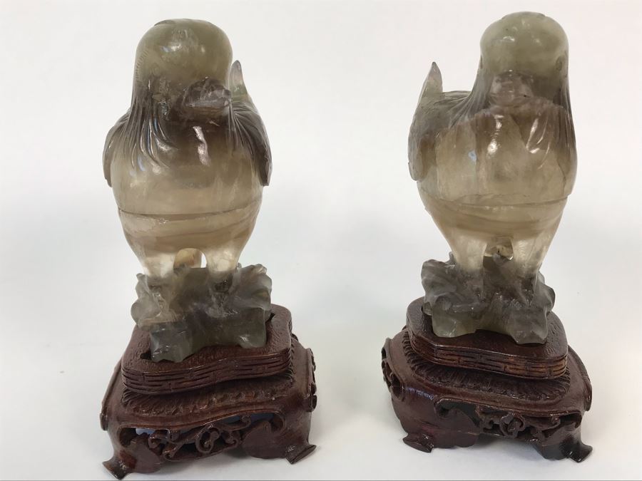 Pair Of Vintage Chinese Carved Stone Bird Figurines Boxes (Some Damage) With Wooden Stands Each 5W X 2D X 4H [Photo 8]