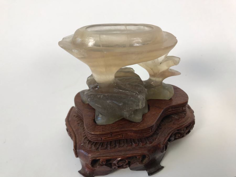 Pair Of Vintage Chinese Carved Stone Bird Figurines Boxes (Some Damage) With Wooden Stands Each 5W X 2D X 4H [Photo 23]