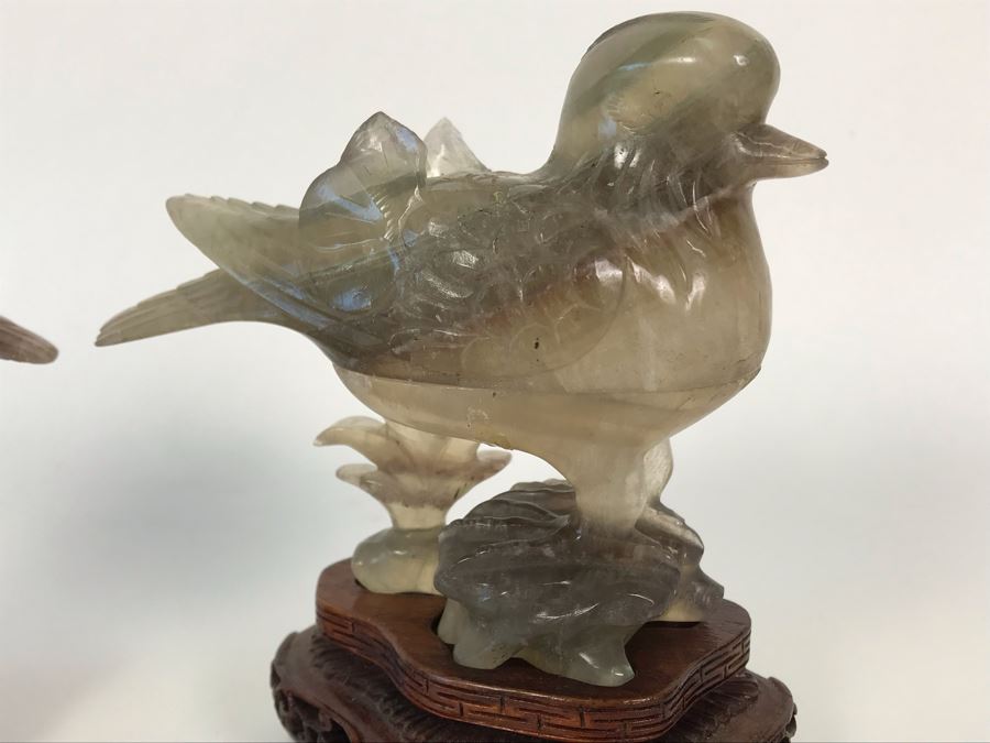 Pair Of Vintage Chinese Carved Stone Bird Figurines Boxes (Some Damage) With Wooden Stands Each 5W X 2D X 4H [Photo 4]