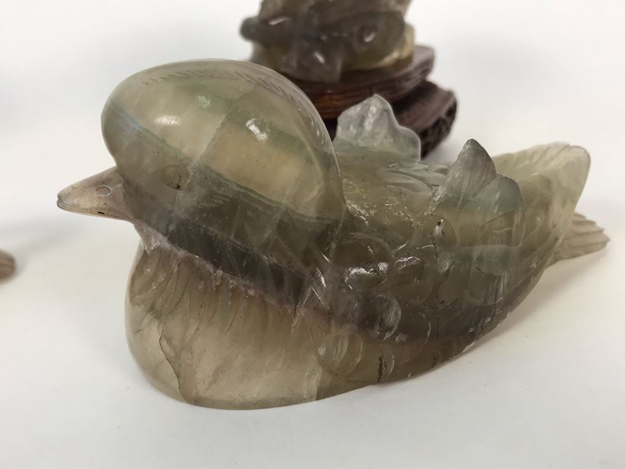 Pair Of Vintage Chinese Carved Stone Bird Figurines Boxes (Some Damage) With Wooden Stands Each 5W X 2D X 4H [Photo 27]