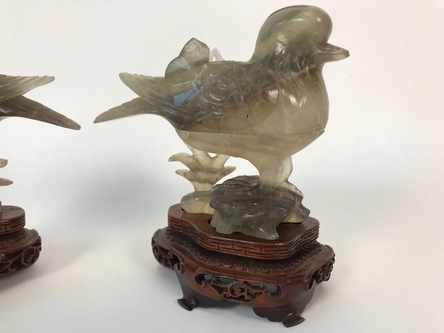 Pair Of Vintage Chinese Carved Stone Bird Figurines Boxes (Some Damage) With Wooden Stands Each 5W X 2D X 4H [Photo 3]