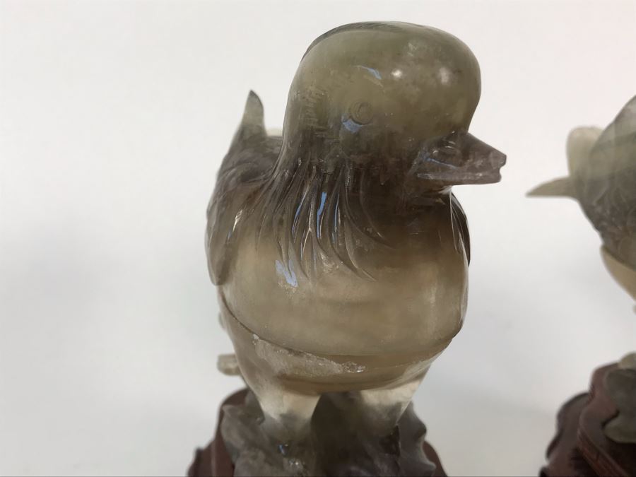 Pair Of Vintage Chinese Carved Stone Bird Figurines Boxes (Some Damage) With Wooden Stands Each 5W X 2D X 4H [Photo 9]