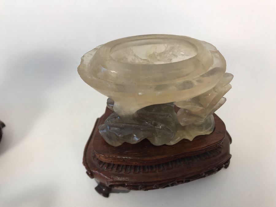 Pair Of Vintage Chinese Carved Stone Bird Figurines Boxes (Some Damage) With Wooden Stands Each 5W X 2D X 4H [Photo 24]