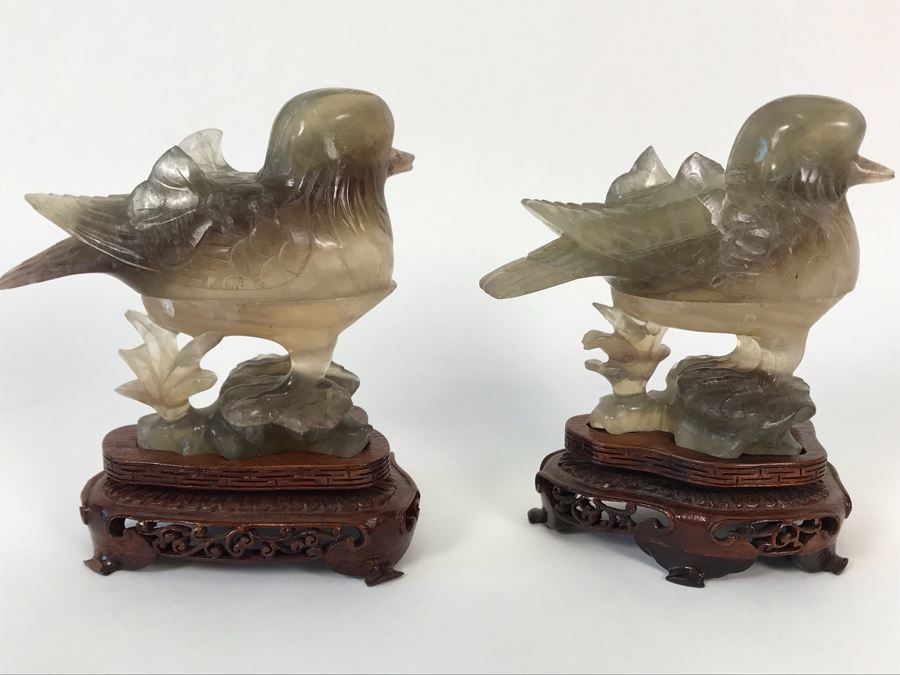 Pair Of Vintage Chinese Carved Stone Bird Figurines Boxes (Some Damage) With Wooden Stands Each 5W X 2D X 4H [Photo 12]