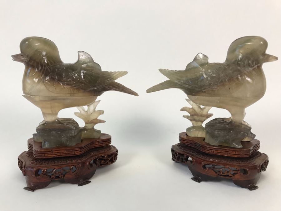 Pair Of Vintage Chinese Carved Stone Bird Figurines Boxes (Some Damage) With Wooden Stands Each 5W X 2D X 4H [Photo 2]