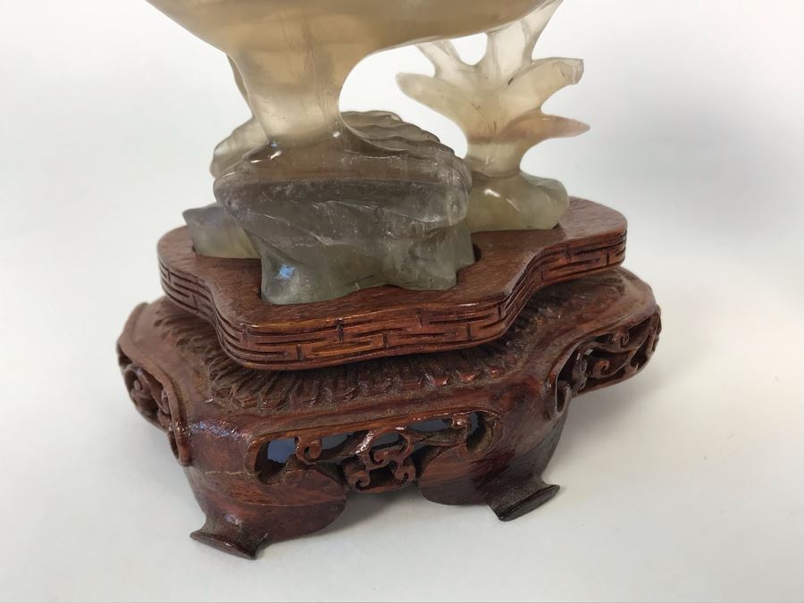 Pair Of Vintage Chinese Carved Stone Bird Figurines Boxes (Some Damage) With Wooden Stands Each 5W X 2D X 4H [Photo 7]