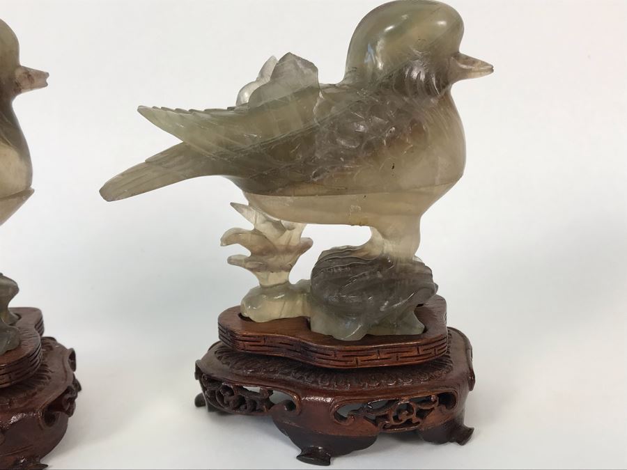 Pair Of Vintage Chinese Carved Stone Bird Figurines Boxes (Some Damage) With Wooden Stands Each 5W X 2D X 4H [Photo 13]