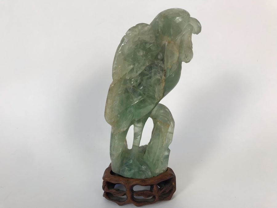 Vintage Chinese Carved Quartz Stone Bird Figurine With Wooden Stand 3.5W X 2D X 6H [Photo 2]