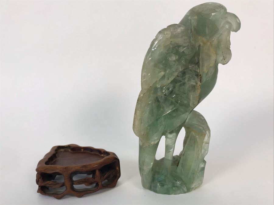 Vintage Chinese Carved Quartz Stone Bird Figurine With Wooden Stand 3.5W X 2D X 6H [Photo 18]