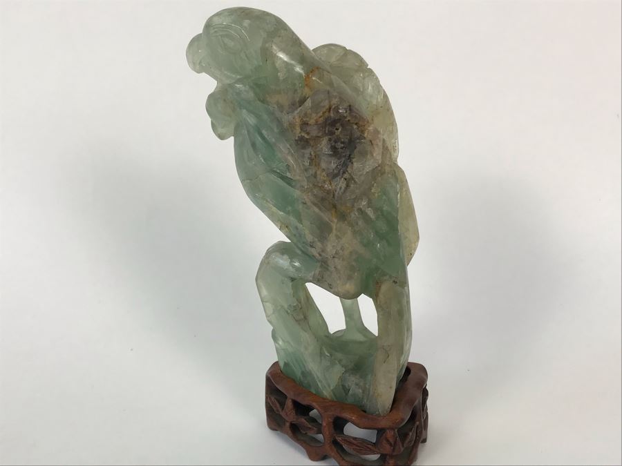 Vintage Chinese Carved Quartz Stone Bird Figurine With Wooden Stand 3.5W X 2D X 6H [Photo 7]