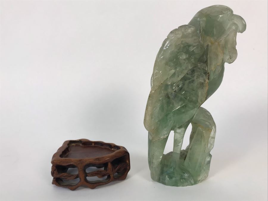 Vintage Chinese Carved Quartz Stone Bird Figurine With Wooden Stand 3.5W X 2D X 6H [Photo 17]