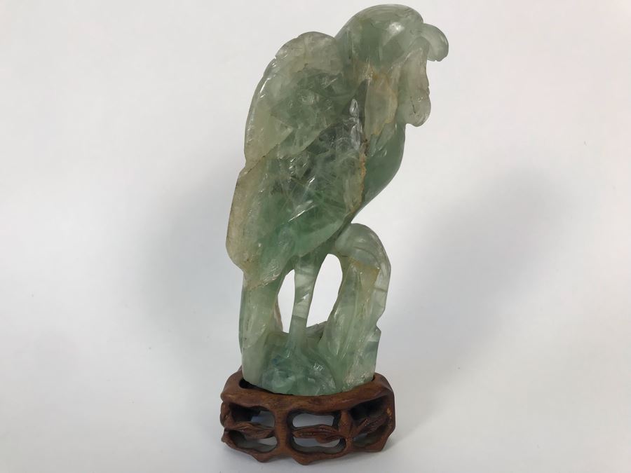 Vintage Chinese Carved Quartz Stone Bird Figurine With Wooden Stand 3.5W X 2D X 6H [Photo 1]